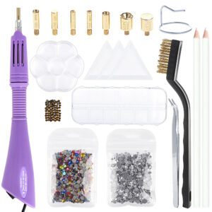 Rhinestone Hotfix Applicator, DIY Hot Fix Rhinestone Setter Applicator Tool Kit with 7 Tips, 2 Pencil Pickers, Tweezers, Cleaning Brush and 2 Bags Hot-Fix Crystal Rhinestones