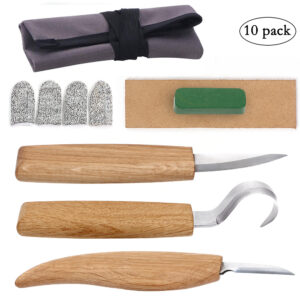 Wood Carving Tool Set - Sloyd Whittling Knife | Chip Detail Knife | Hook Knife for Spoon Carving, with Leather Strop Polishing Compound, High-Strength Steel Woodworking Carving Kit (6 Pcs)