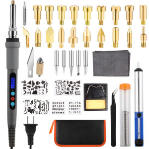 Upgraded Wood Burning Kit, HOTOOLME Professional Pyrography Set with LCD Display Adjustable Temperature Pyrography Pen, Wood Burner Tips and Stencils for Wood Carving/Embossing/Soldering