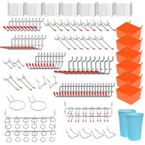 Pegboard Hooks Assortment, 170pcs Peg Board for Walls Kit with Metal J Hook, Plastic Bins, Peg Locks for Organize Accessories, Workbench, Craft, Garage Organizing Storage System Tools